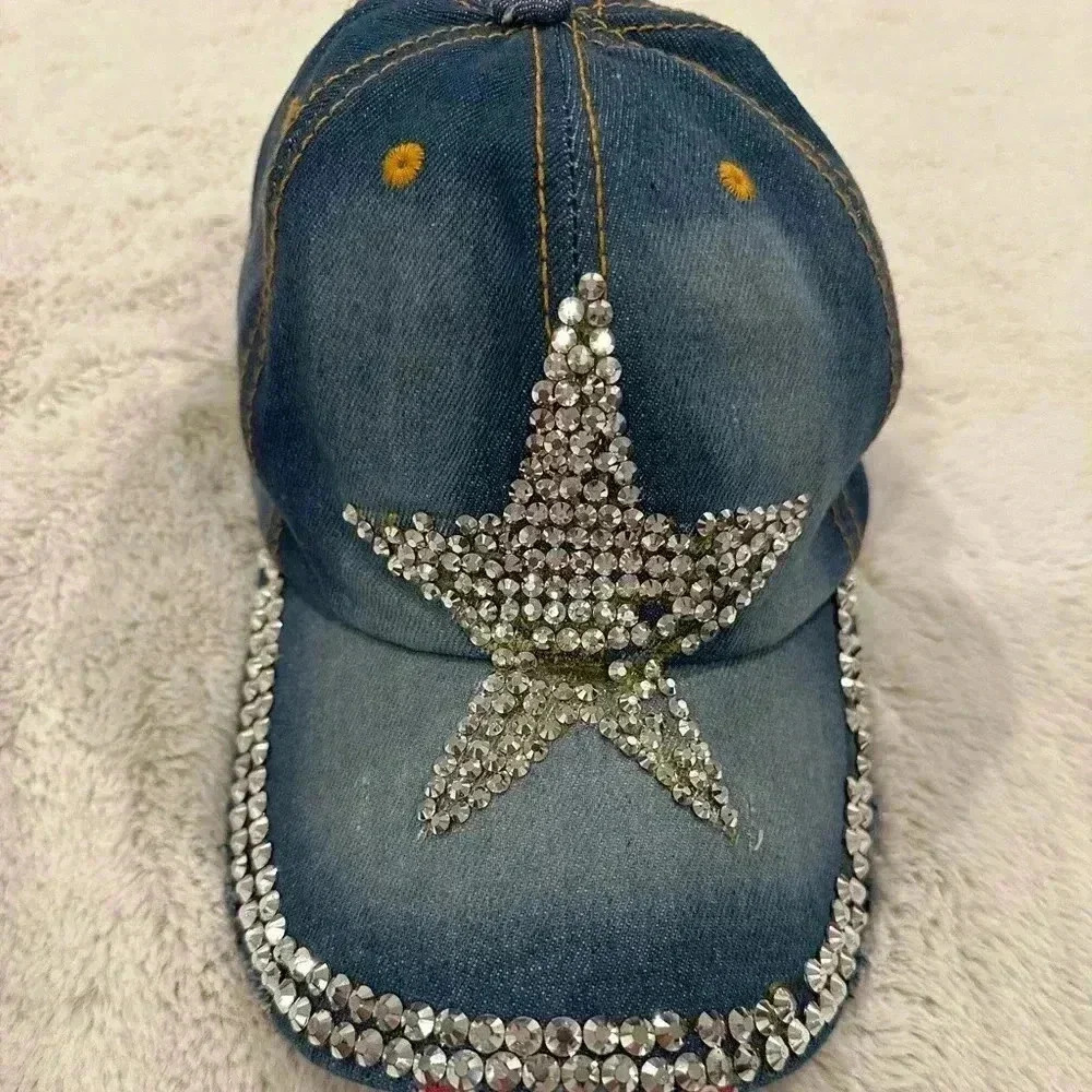 Magid Denim Baseball Cap with Rhinestone Star - Blue